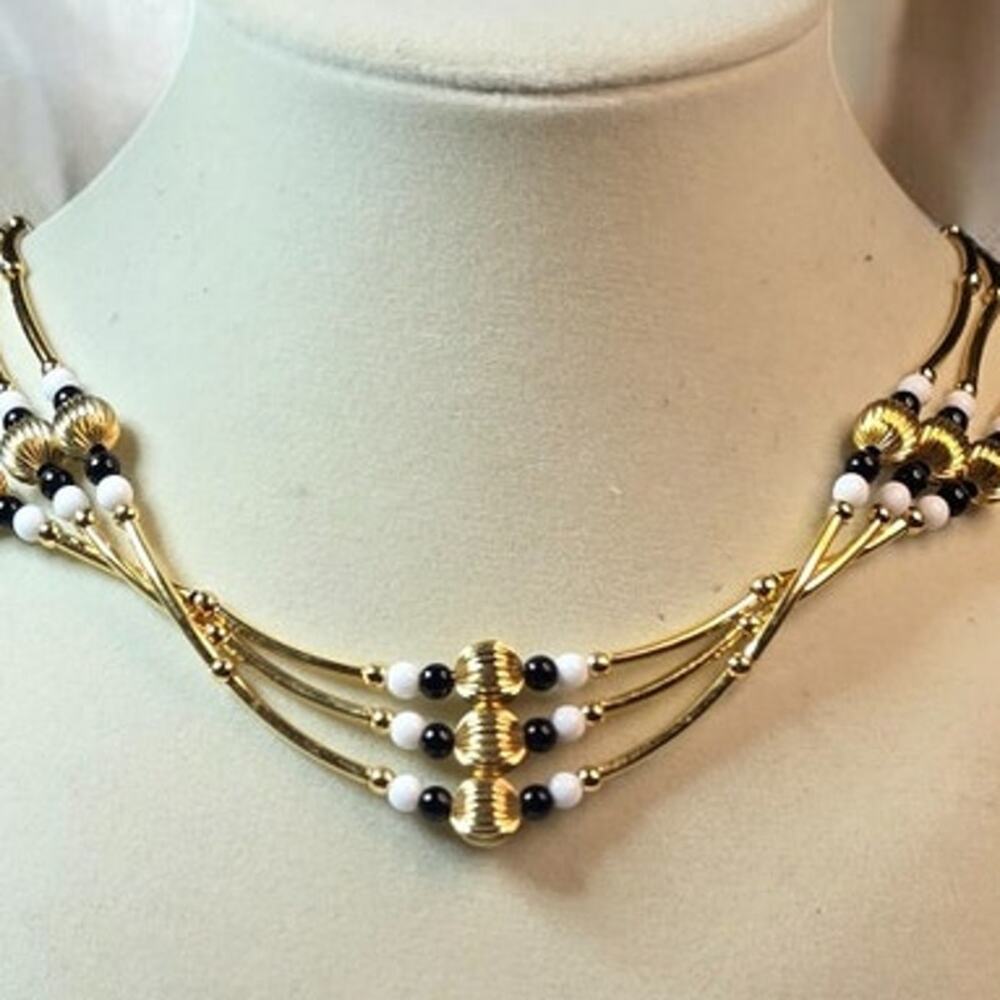 Black, White & Gold Beaded Multi Strand Collar Necklace Old World Glam
